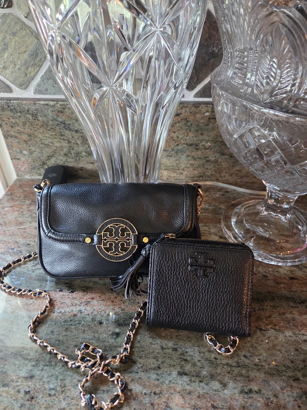 Tory Burch Black Leather Crossbody Bag and Wallet Set